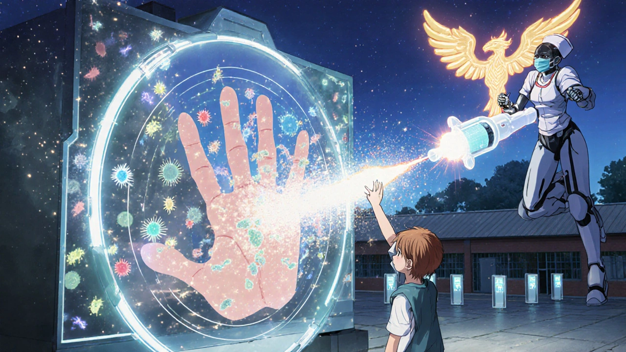 A child's handprint triggers healthy bacteria to flourish as resistant microbes dissolve under a vaccine shield.