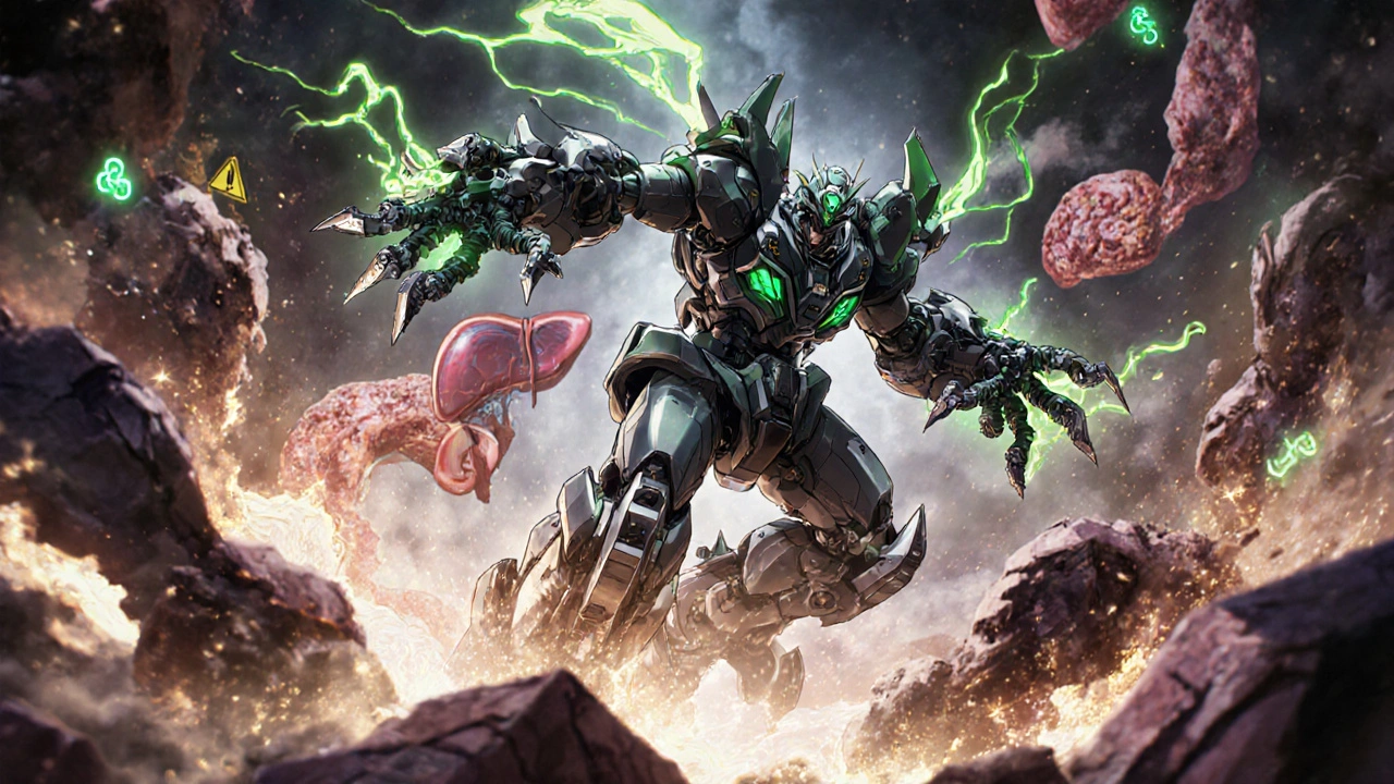 A contrasting robot for Ofev battling the same scar tissue with gear-driven limbs and acidic green energy trails.