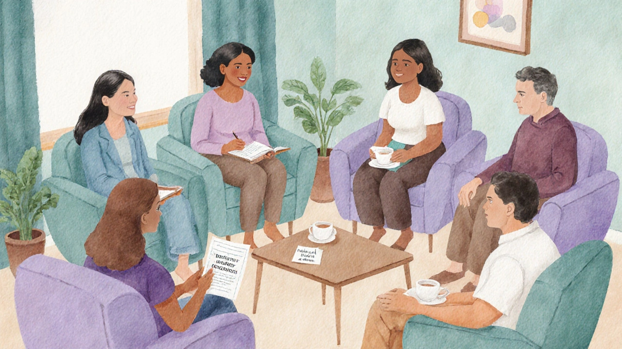 A diverse group sits in a circle in a cozy room, sharing and supporting each other.