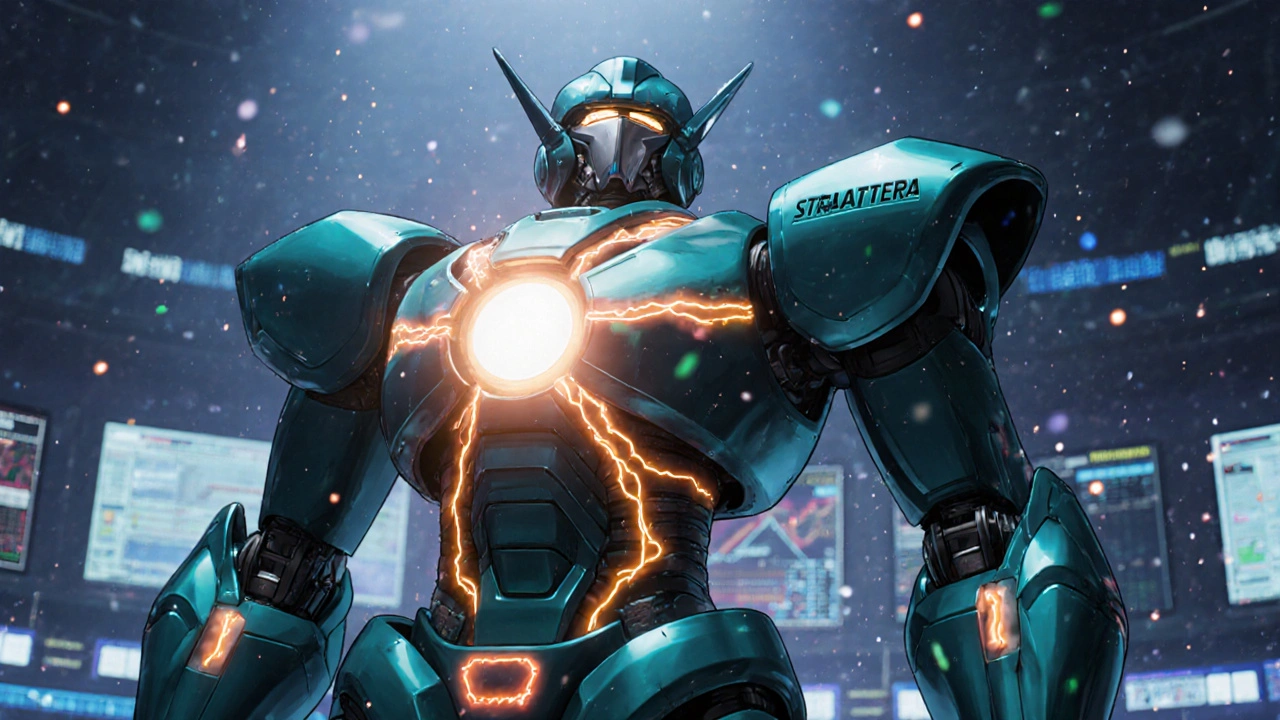 A futuristic robot brain scene showing Strattera as a glowing core increasing norepinephrine.