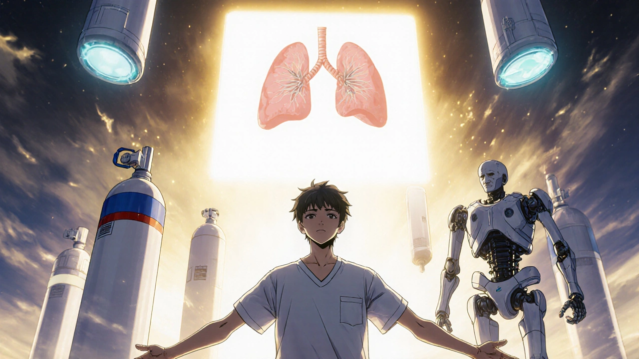 A patient between Esbriet and Ofev robots, supported by oxygen tanks and rehab exoskeletons, with clinical trial prototypes glowing in the sky.