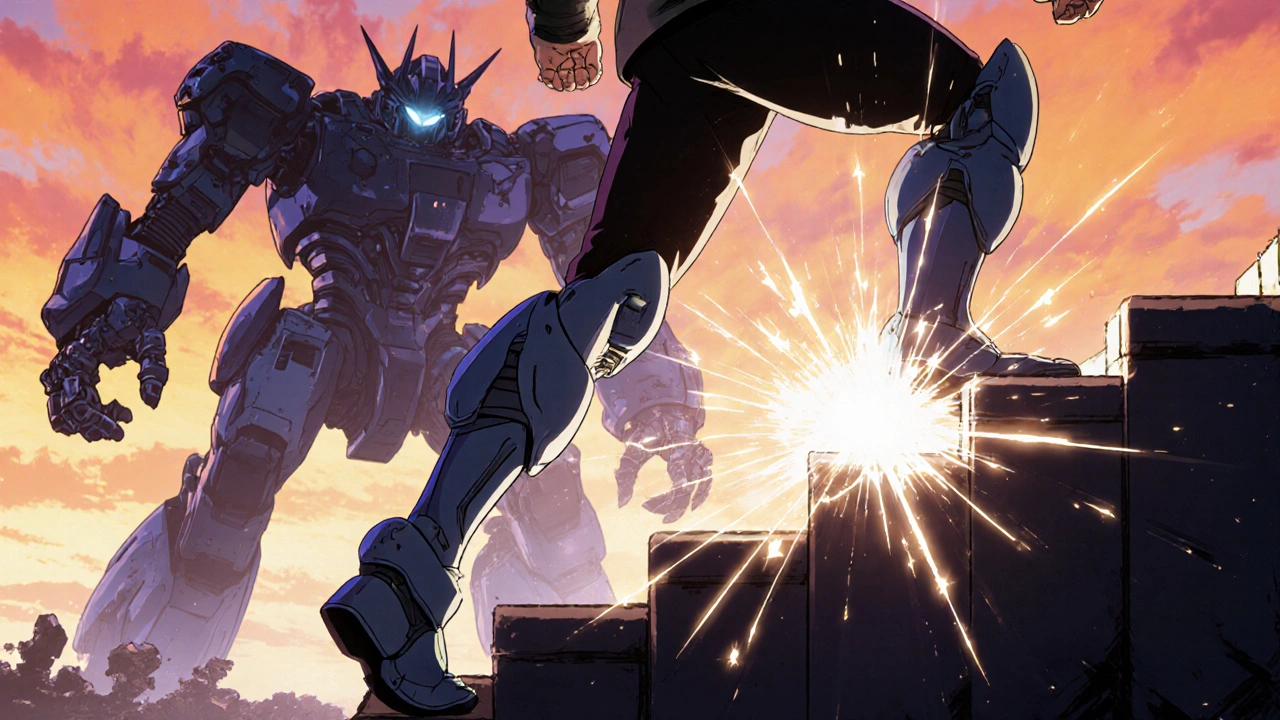 A person climbing stairs with radiant neural sparks, pyridostigmine and 3,4-DAP as synchronized mecha units restoring strength.