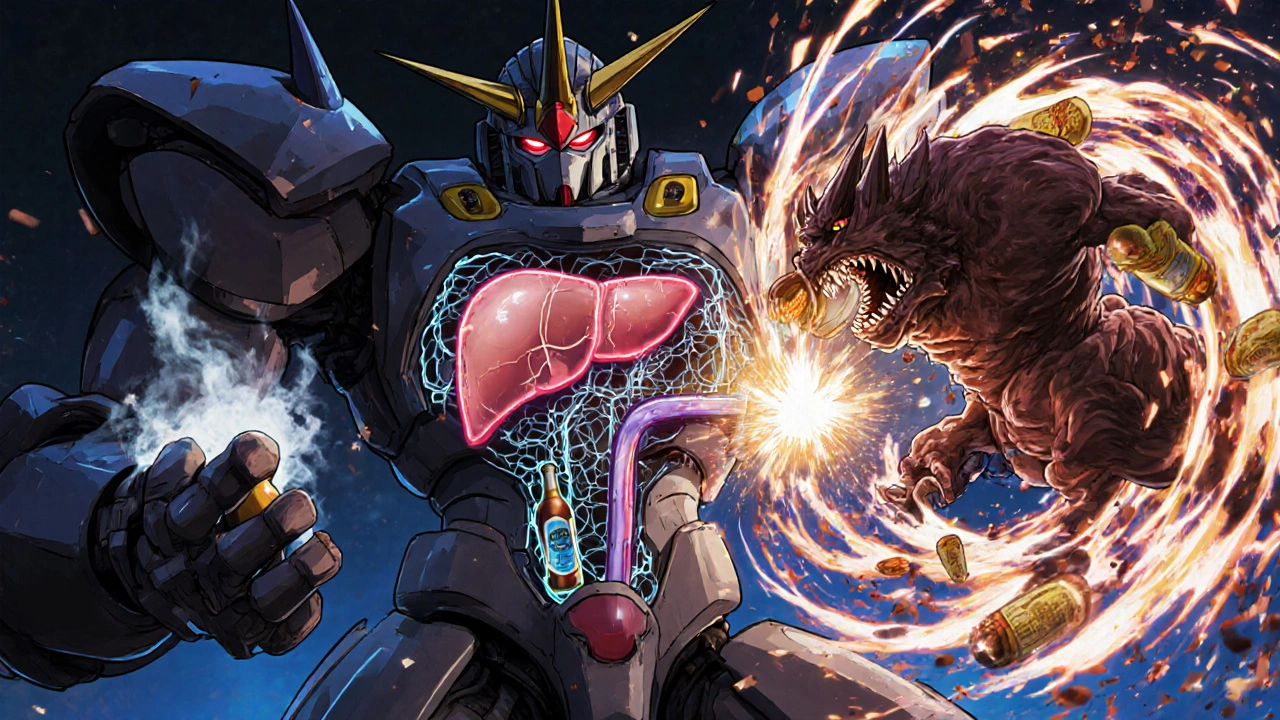 A robotic warrior fights monsters of smoking and junk food, with glowing blood vessels and antioxidants powering its attack.