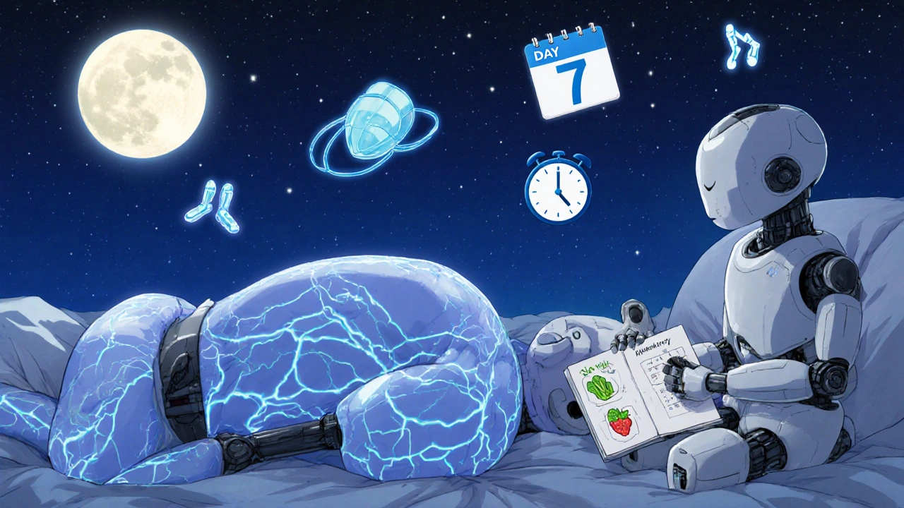 A sleeping robot glows with circulatory light as symbols of sleep, walking, and healthy habits hover peacefully above.