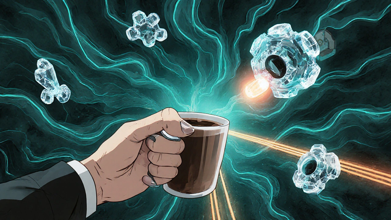 A trembling hand holding a cup, surrounded by slowing acetylcholine molecules enhanced by a crystalline inhibitor.