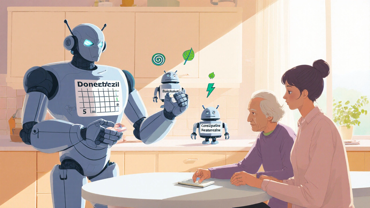 Caregiver and patient sit with a robot displaying memantine dosage and side‑effect icons.