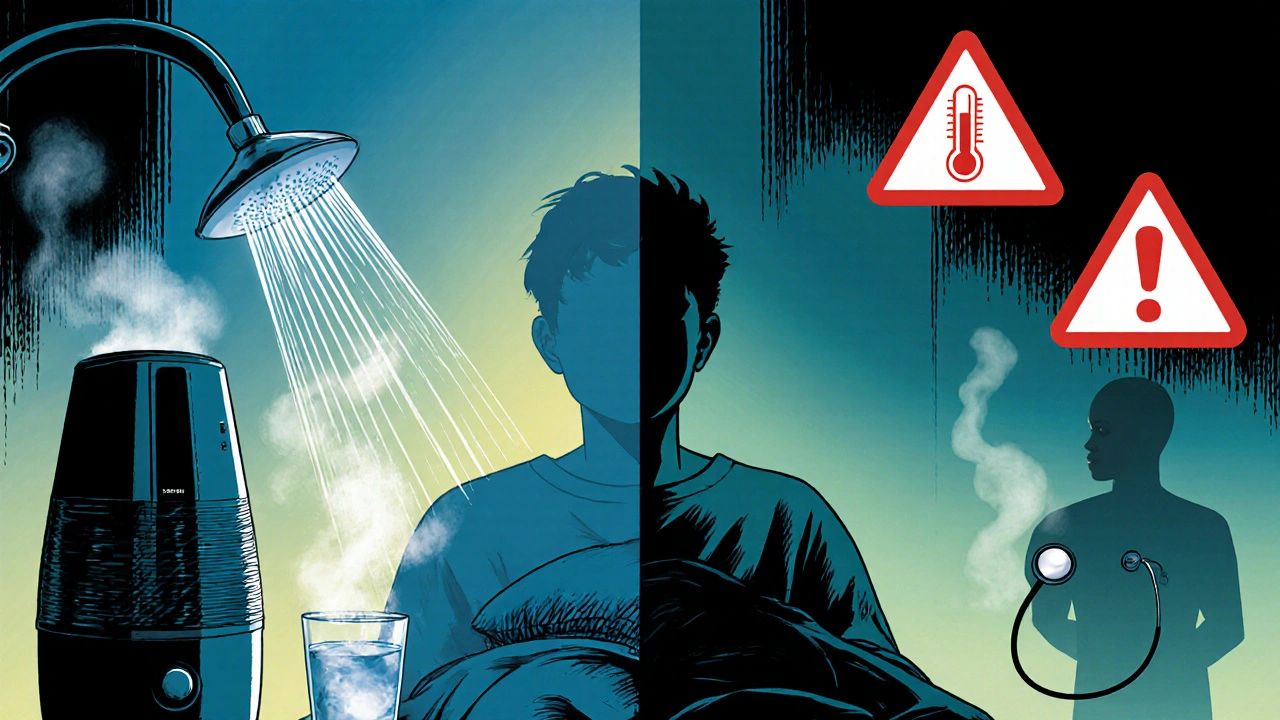 Character using humidifier and water, with warning icons for fever and shortness of breath.