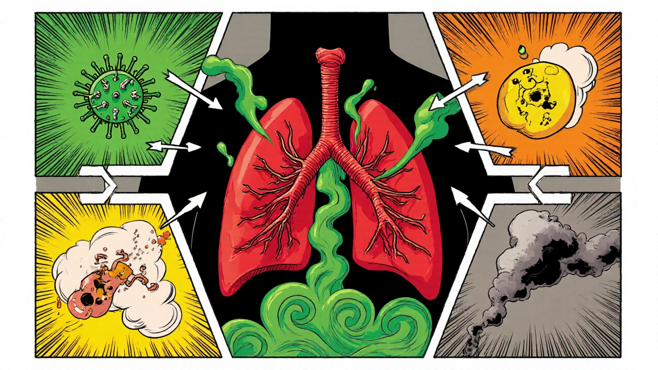 Comic collage of viruses, pollen, reflux droplets attacking narrowed, inflamed airways.