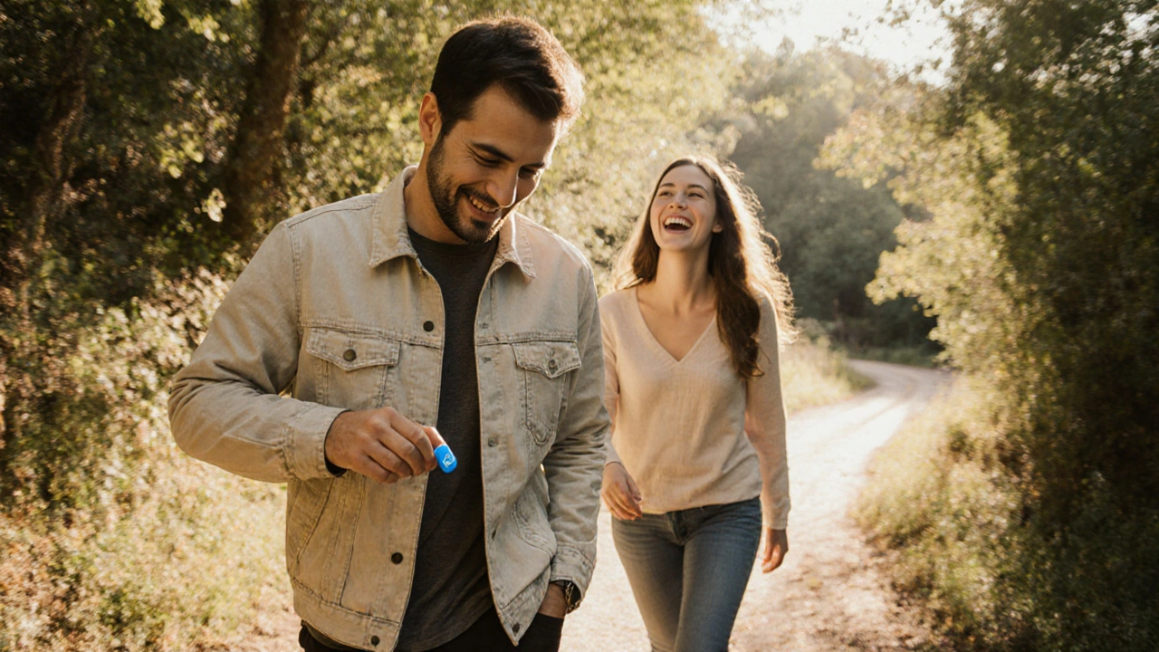 Couple hiking, man pulling a blue pill from his pocket, sunny forest setting.