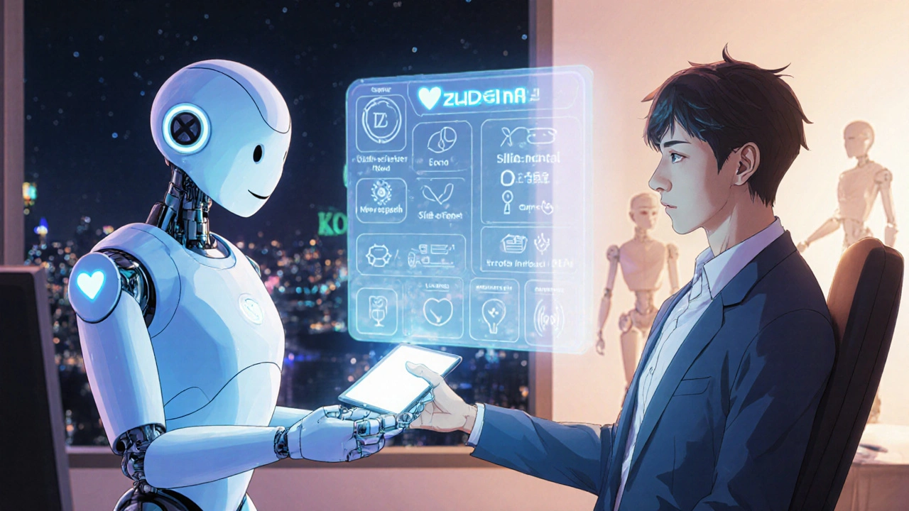 Doctor robot handing a tablet to a patient with holographic cost and side‑effect chart.