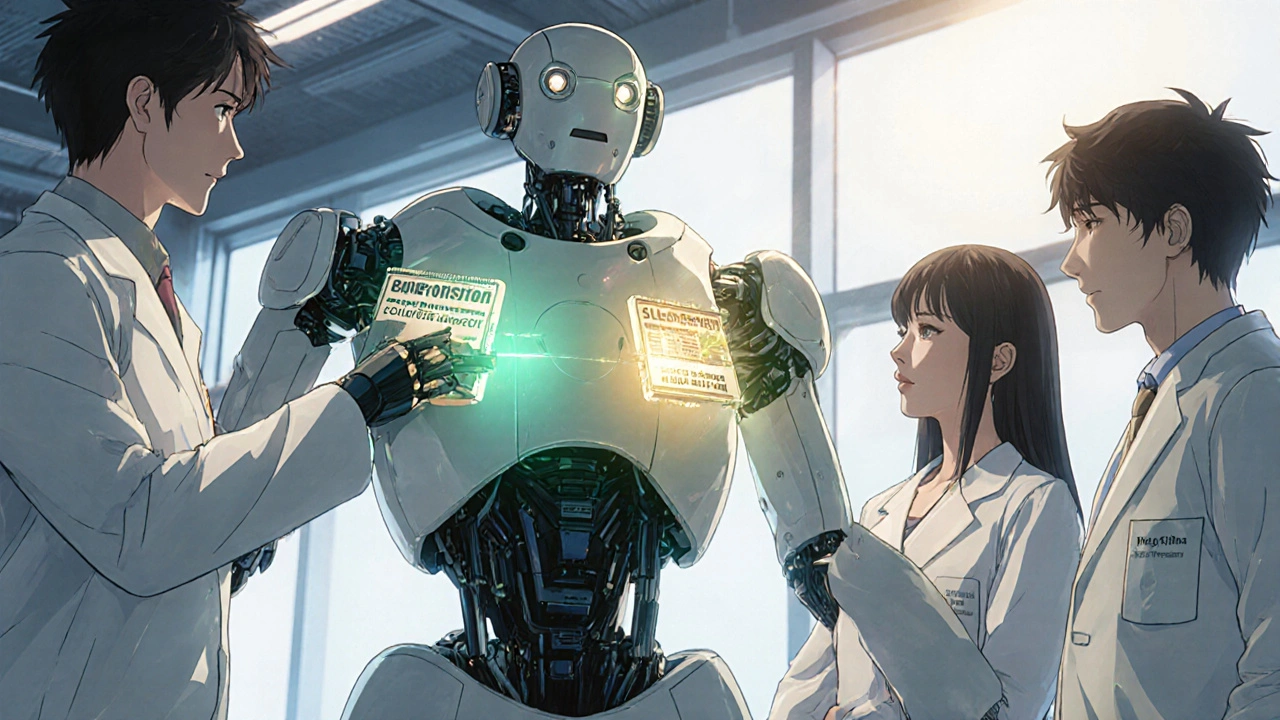 Engineers add rescue modules to the robot while a doctor and couple watch hopefuly.