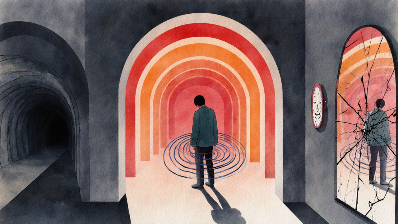 Figure in a hallway with three arches symbolizing hopelessness, agitation, and worthlessness.