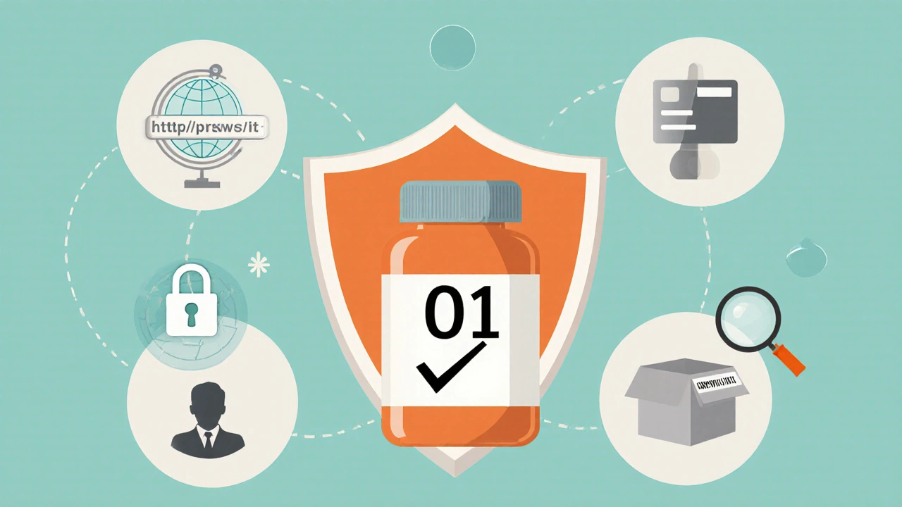 Flat vector scene of safety checklist icons for online pharmacy: shield, pill imprint, HTTPS card, and tracking box.