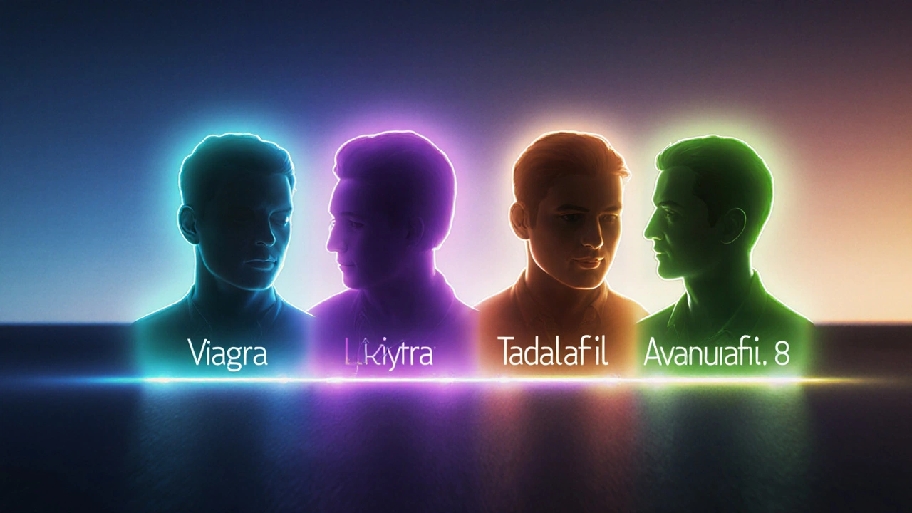 Four male silhouettes with colored auras showing varying drug effect durations.