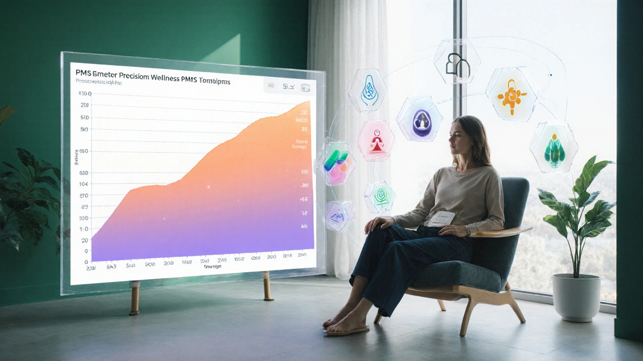 Future wellness studio with woman wearing a smart patch, AI screen forecasting PMS symptoms.