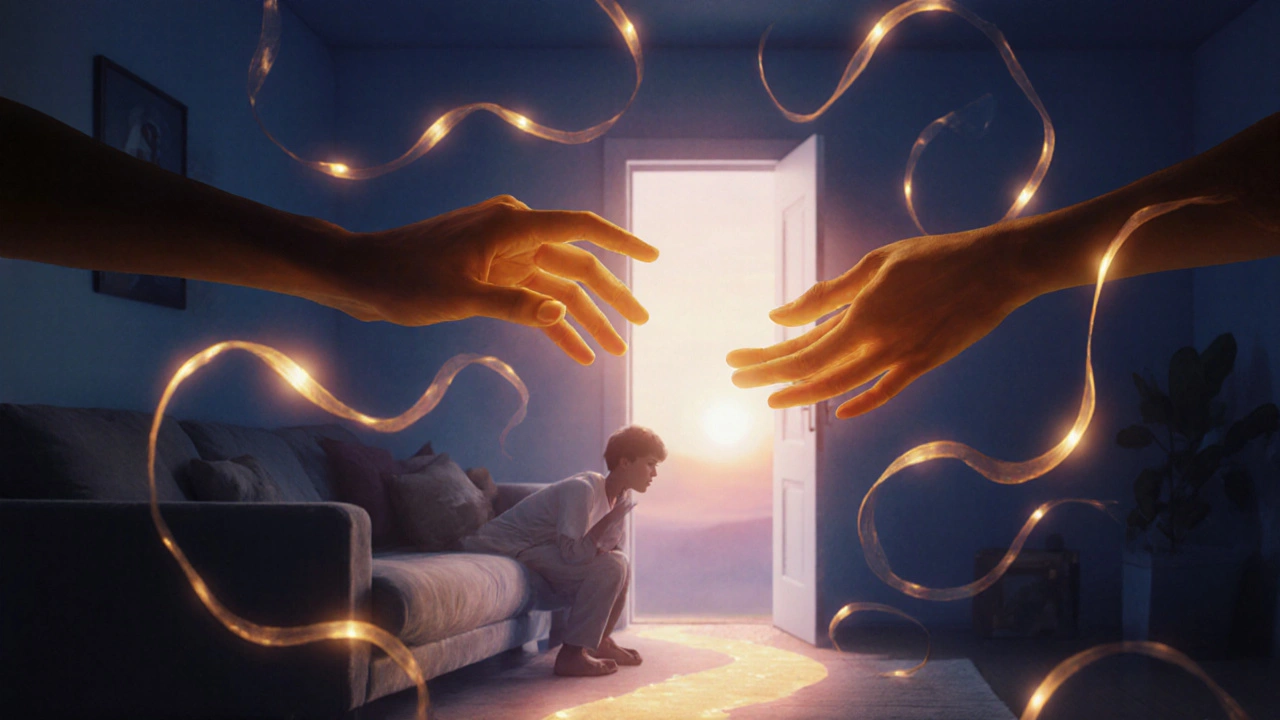 Hands reaching toward a person in a warm room, illuminated safety‑plan ribbons leading to an open door.