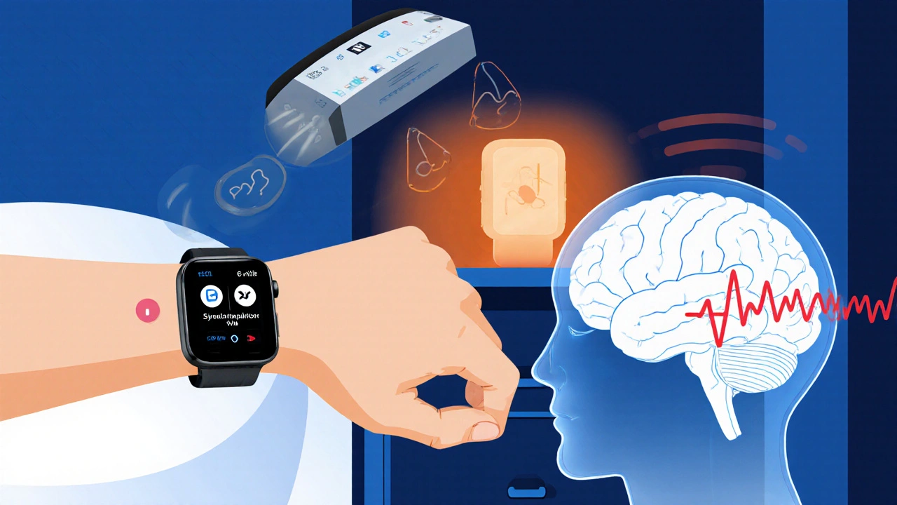 Illustration of wearable monitor, smartwatch alert, brain implant, EEG headband, and home hub.