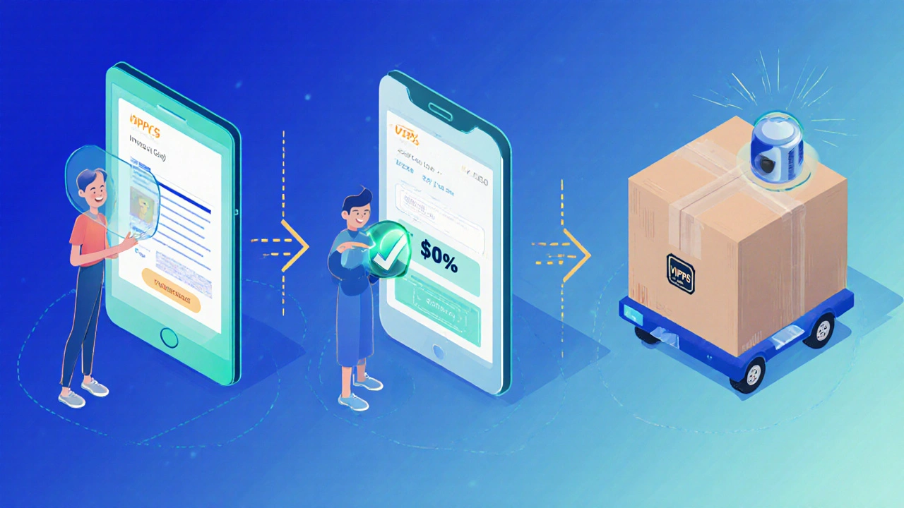 Isometric illustration of uploading prescription, applying discount, and shipping box with safety icons.