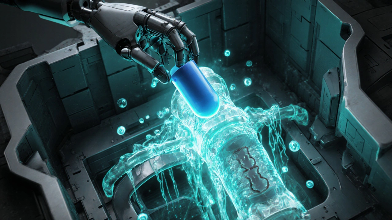 Kidney cross‑section with a robot inserting a blue capsule into the proximal tubule, fluid flowing outward.