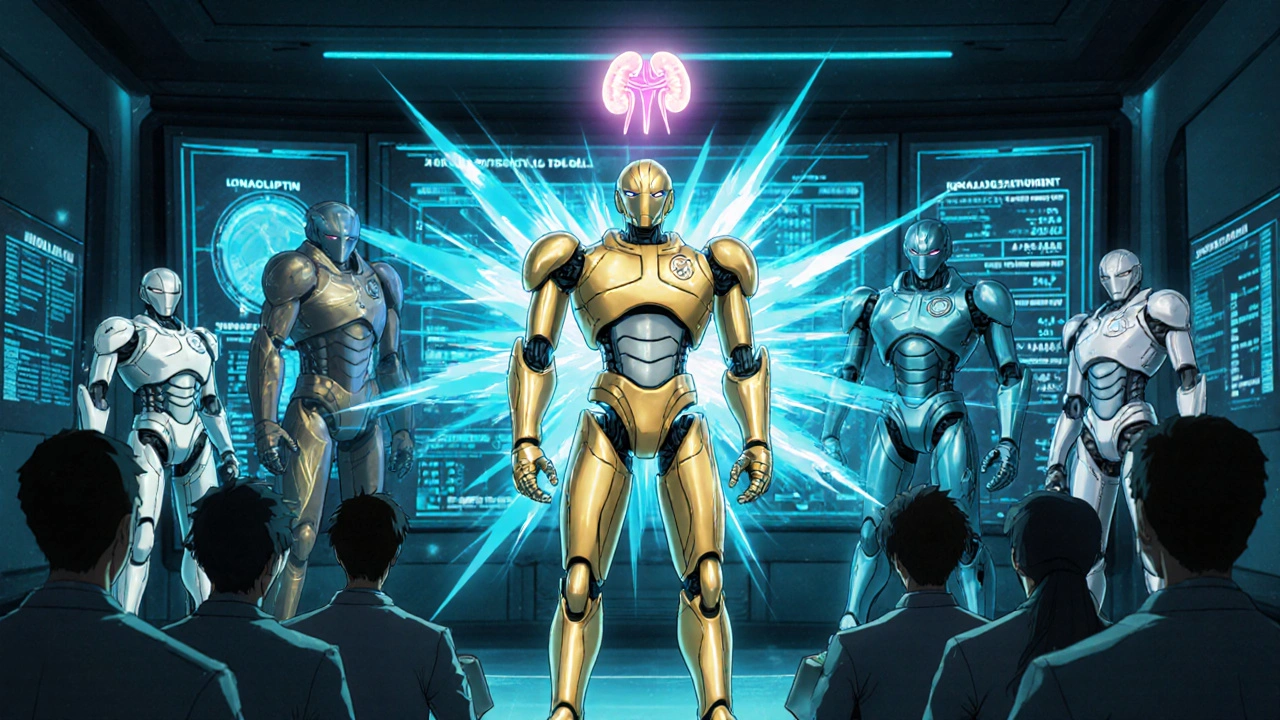 Line of robots compare DPP‑4 inhibitors, Linagliptin highlighted with kidney icon.