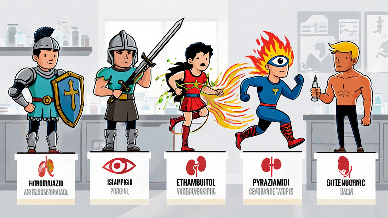Lineup of five TB drug characters each with visual side‑effect symbols, no text.