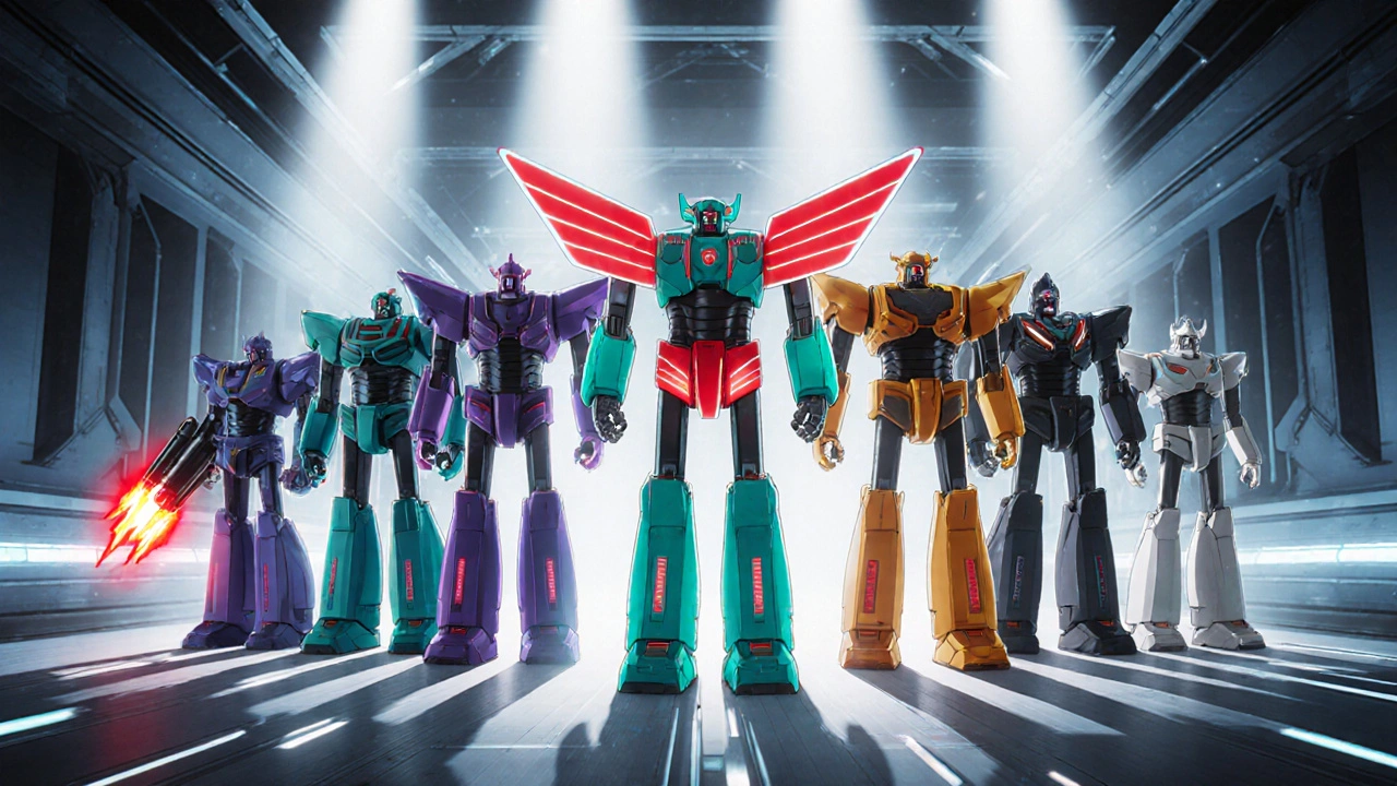 Lineup of seven super robots symbolizing different migraine drugs.