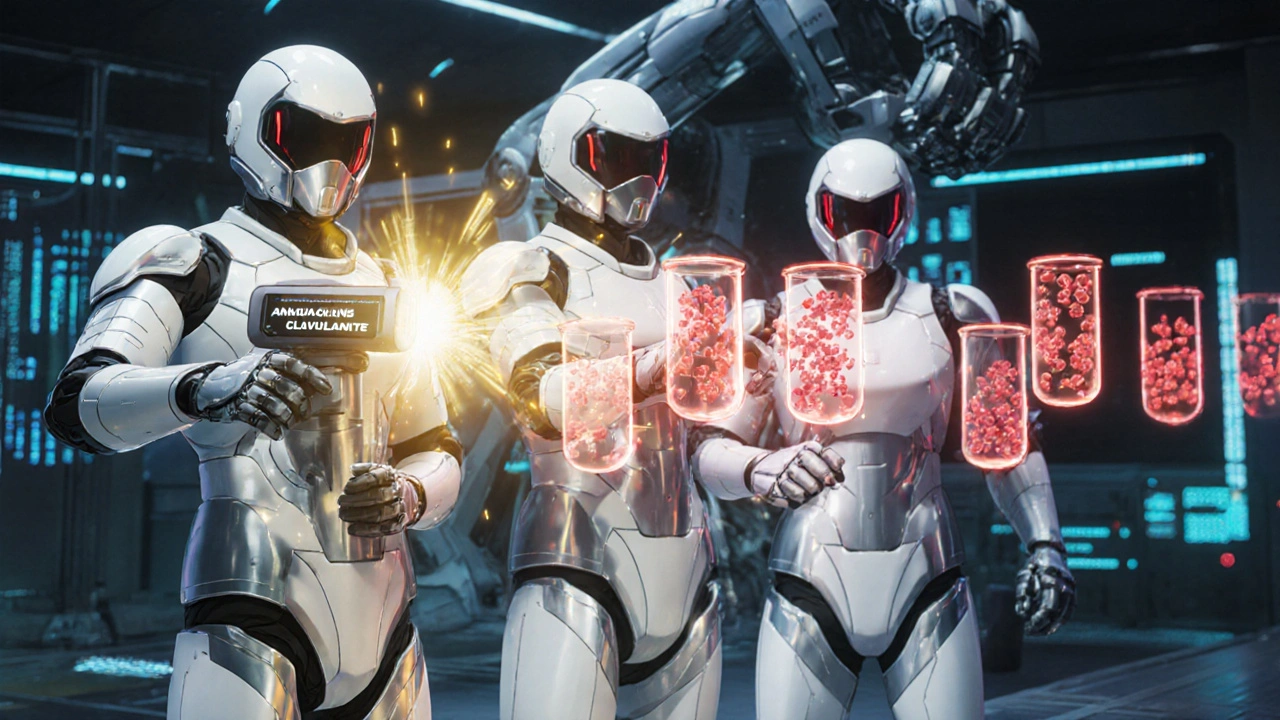 Medical heroes in exosuits neutralize resistant bacteria with a holographic antibiotic wave in a glowing lab.