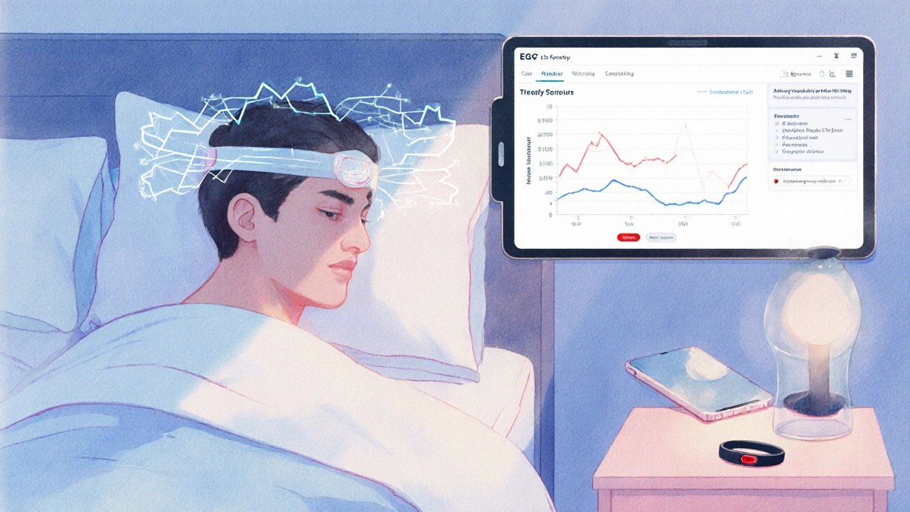 Morning bedroom scene with EEG headband, phone dashboard, and caregiver alert display.