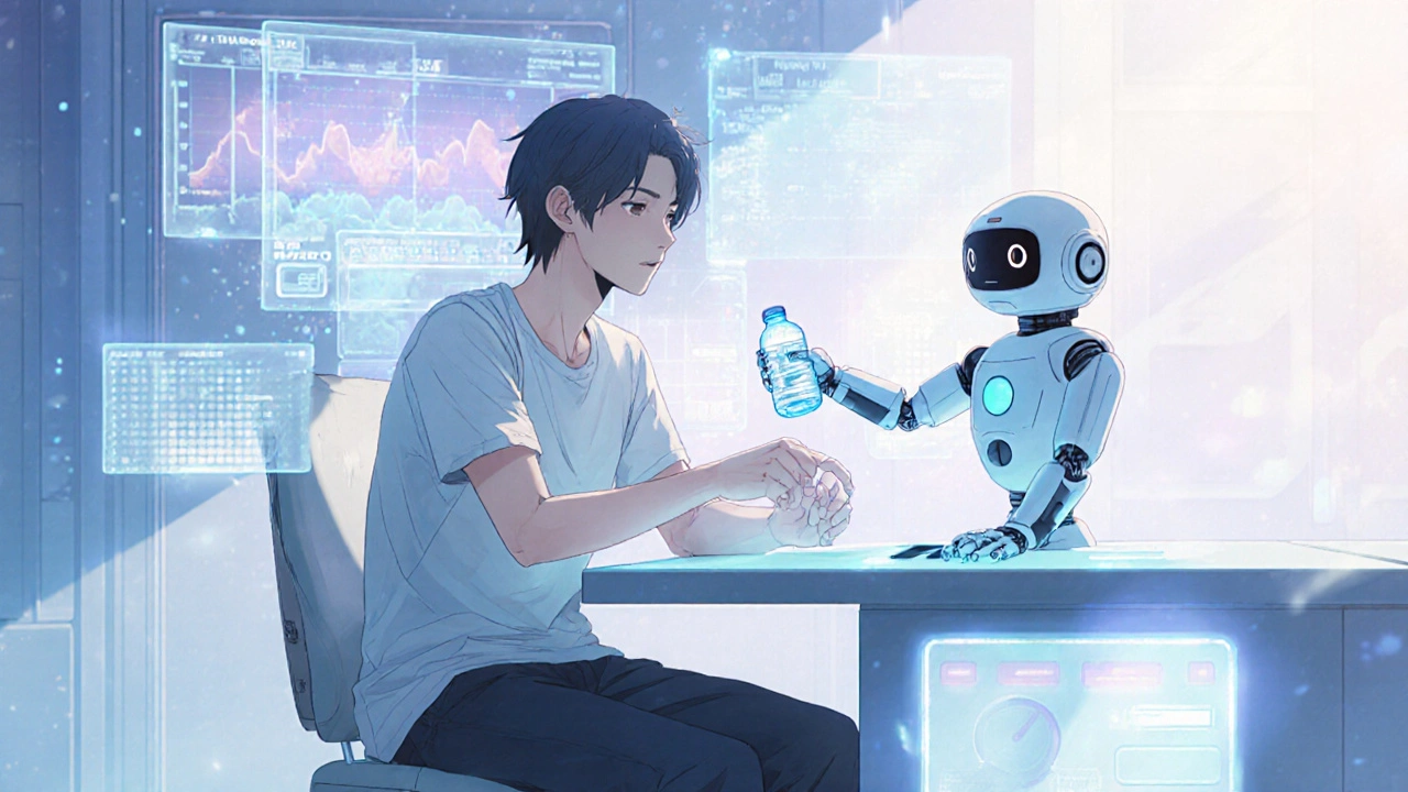 Patient reviewing holographic labs with a robot assistant offering water and adjusting dosage.
