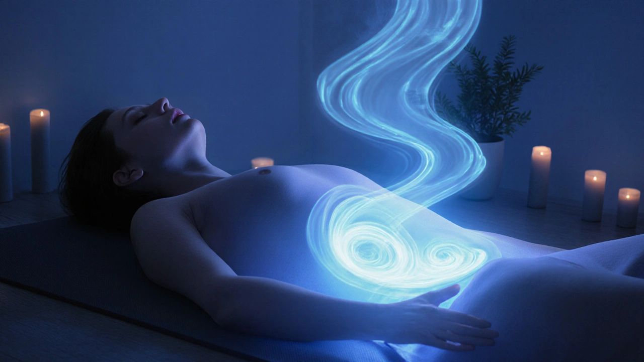 Person in relaxation pose with soft blue light illustrating bladder relief.