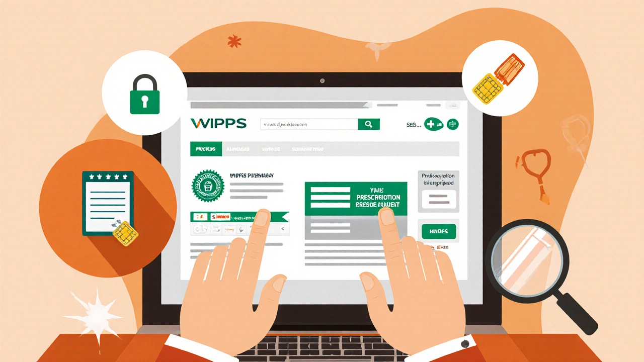 Person reviewing an online pharmacy site with legitimacy icons displayed on a laptop.