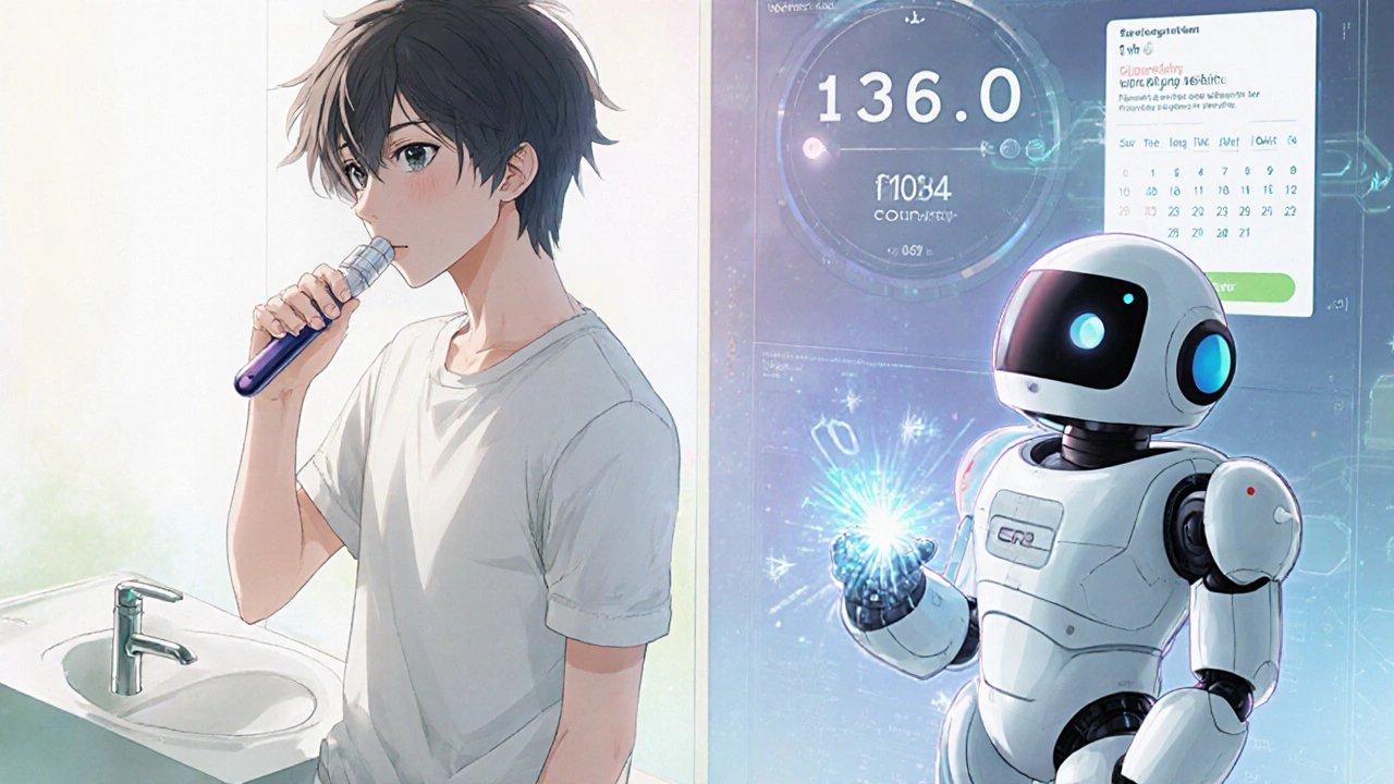 Person takes Linagliptin tablet with help from a friendly robot in morning routine.