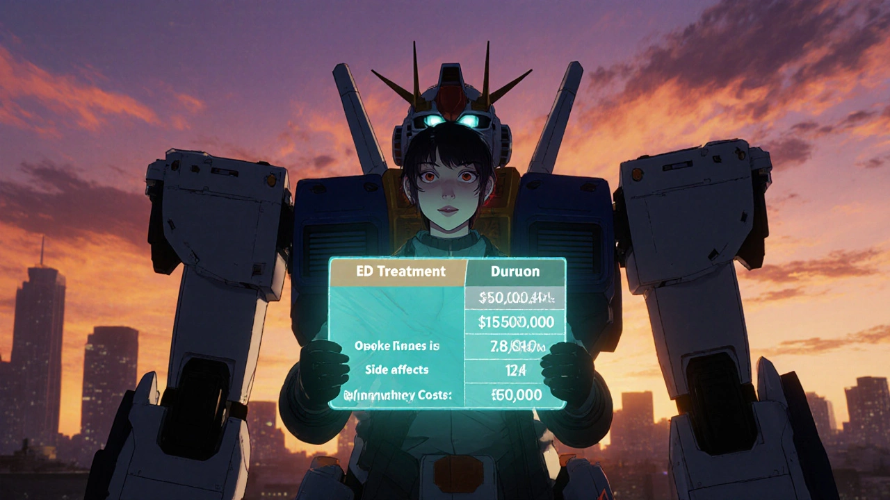 Pilot on rooftop at sunset viewing holographic comparison chart of ED drugs beside a looming super robot.