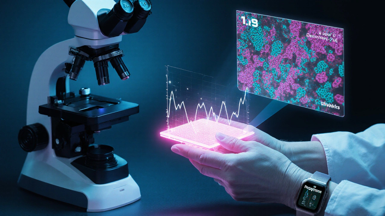 Researcher using a micro‑fluidic chip and wearable sensor, holographic hormone data floating nearby.