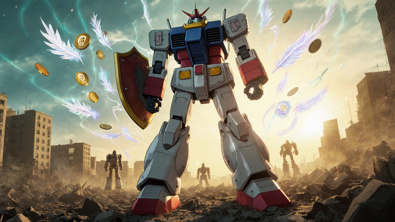 Rizact robot stands victorious over a landscape of pain, with safety and cost symbols.