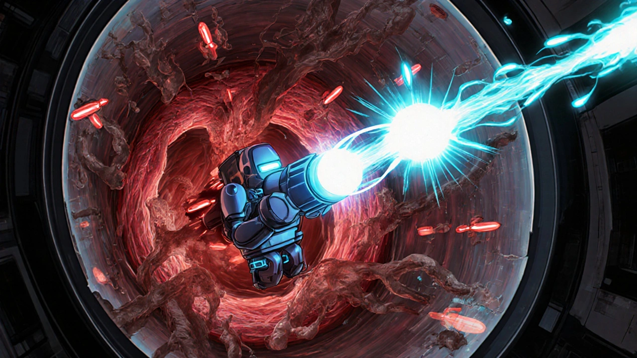 Robot fires energy blasts to stop leukotriene missiles inside a futuristic airway tunnel.