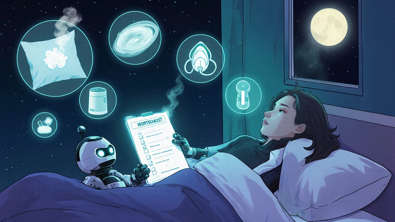 Robot gives a checklist beside a bedside with air purifier, mask, and clean pillow.