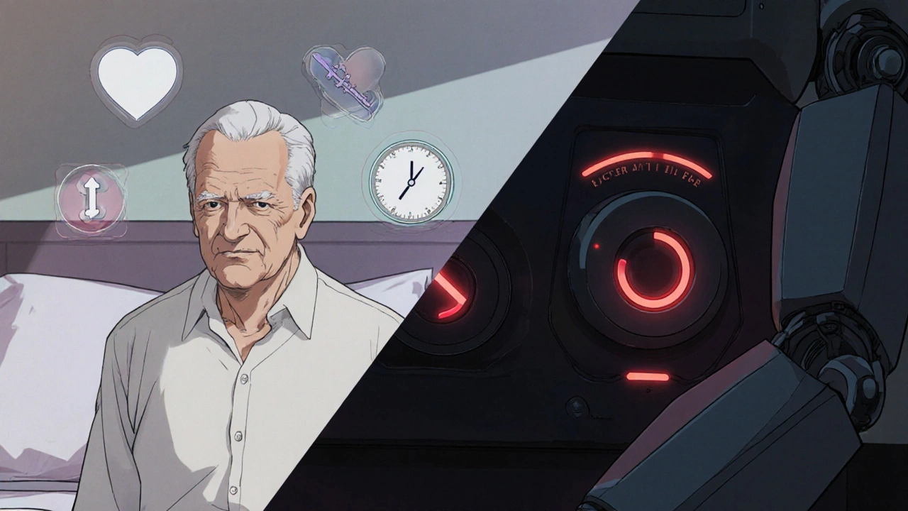 Robot side effects shown as dimmed heart and clock icons beside an older man with a highâdose panel.