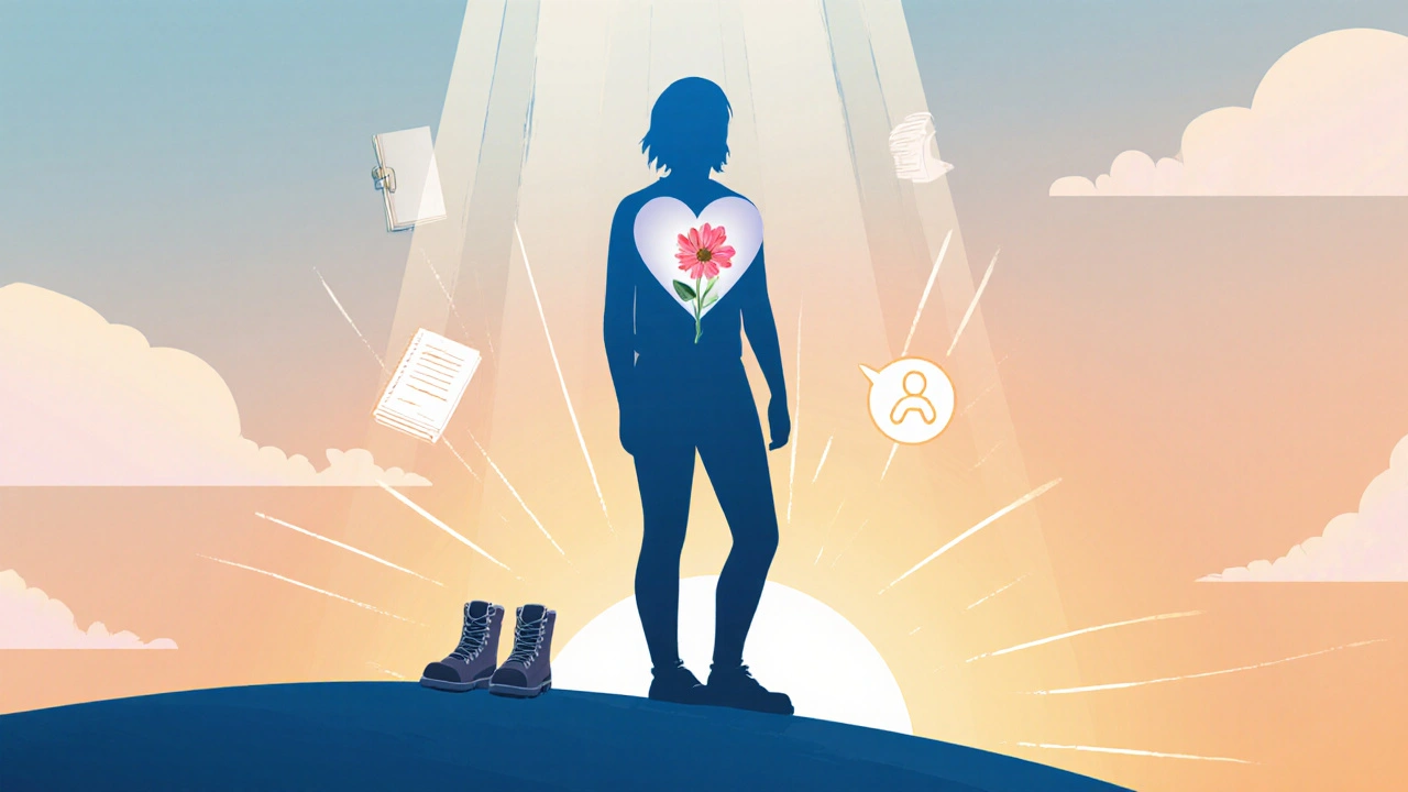 Silhouette of a person on a sunrise hill, with symbolic heart and flower representing body acceptance.