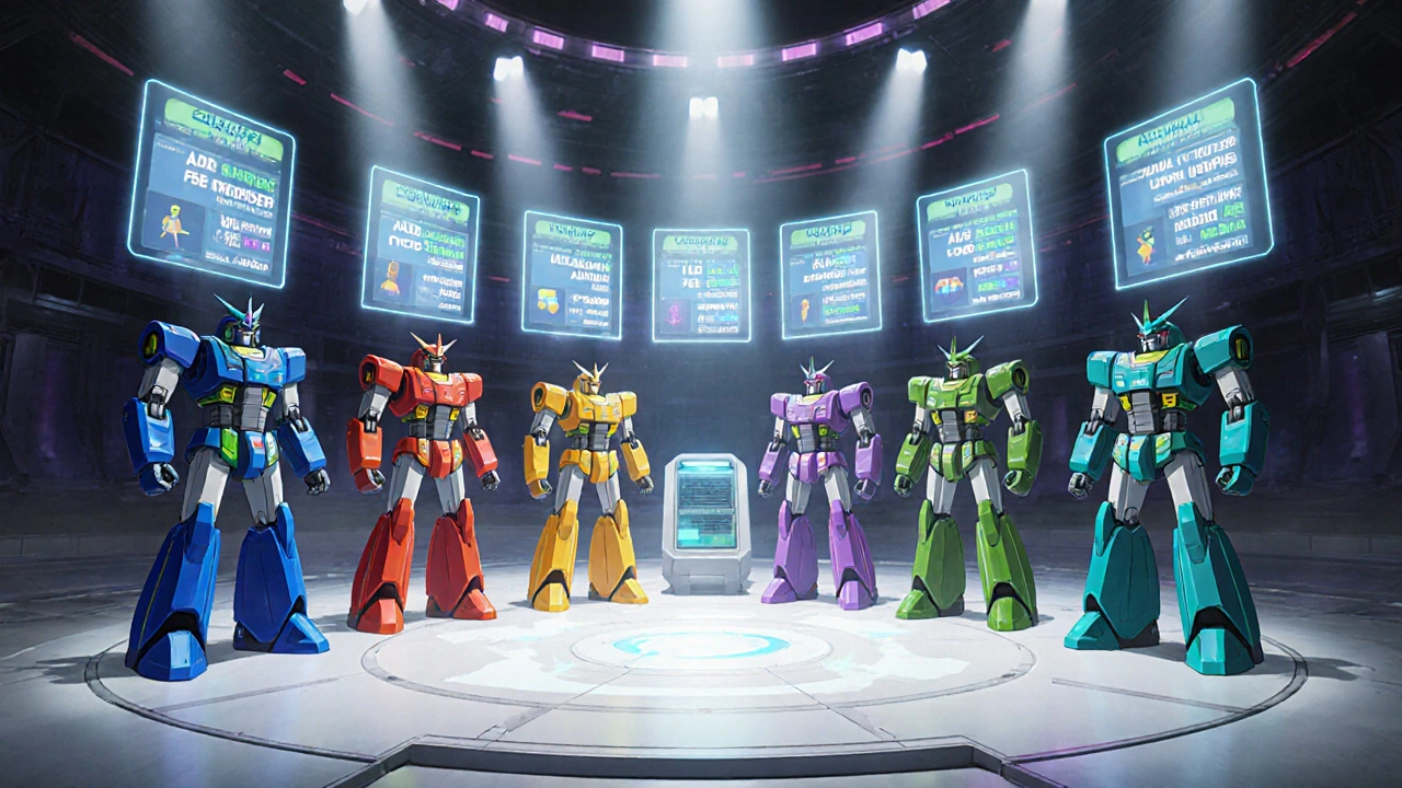 Six robot figures representing different ADHD meds stand in a high‑tech arena with floating stats.