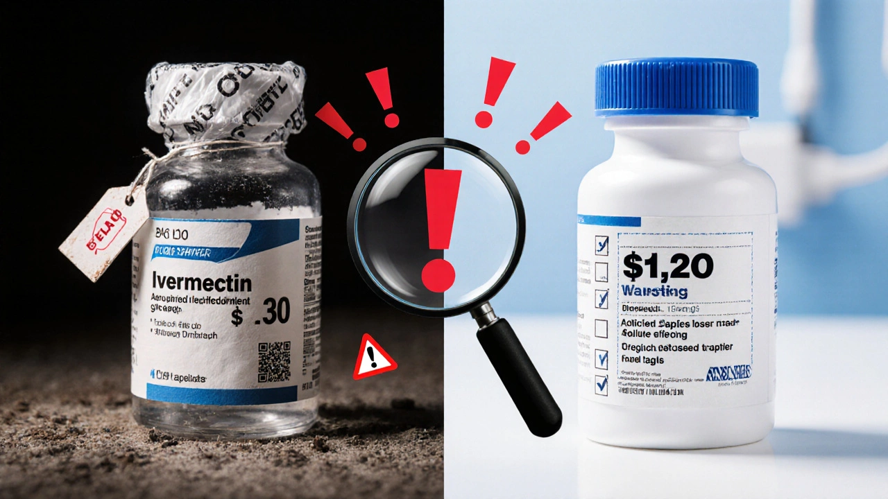 Split-screen showing counterfeit ivermectin bottle versus authentic FDA‑approved bottle.