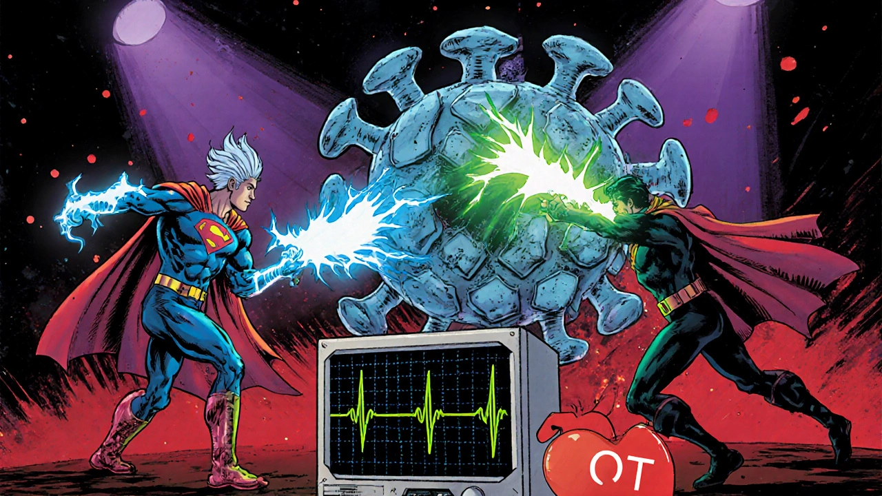 Superhero drugs battling a massive MDR TB bacterium with an ECG monitor in the background.