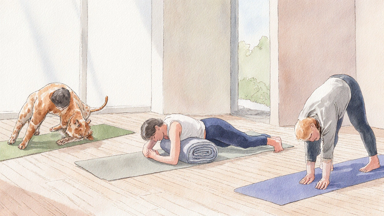 Three gentle yoga poses: Cat‑Cow, Reclining Bound Angle, and Wind‑Release.