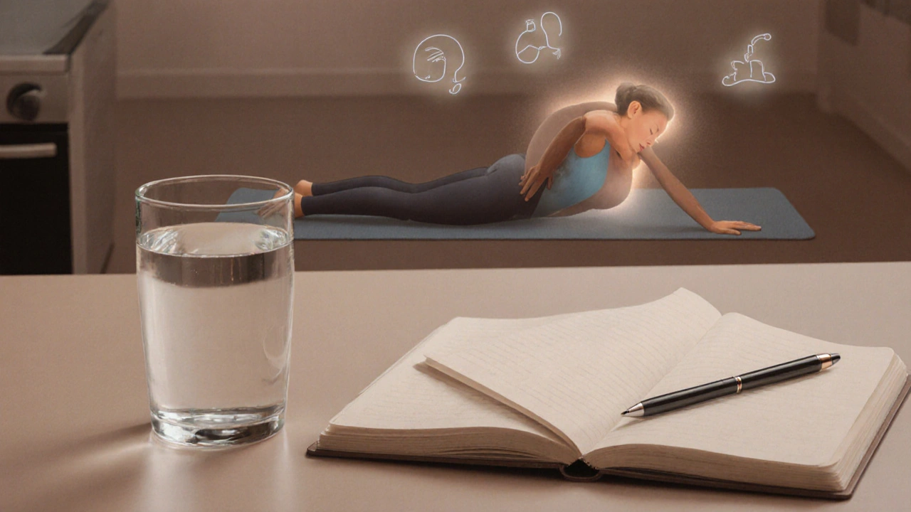 Water glass, plank exercise, and notebook illustrating a post‑meal anti‑bloat routine.