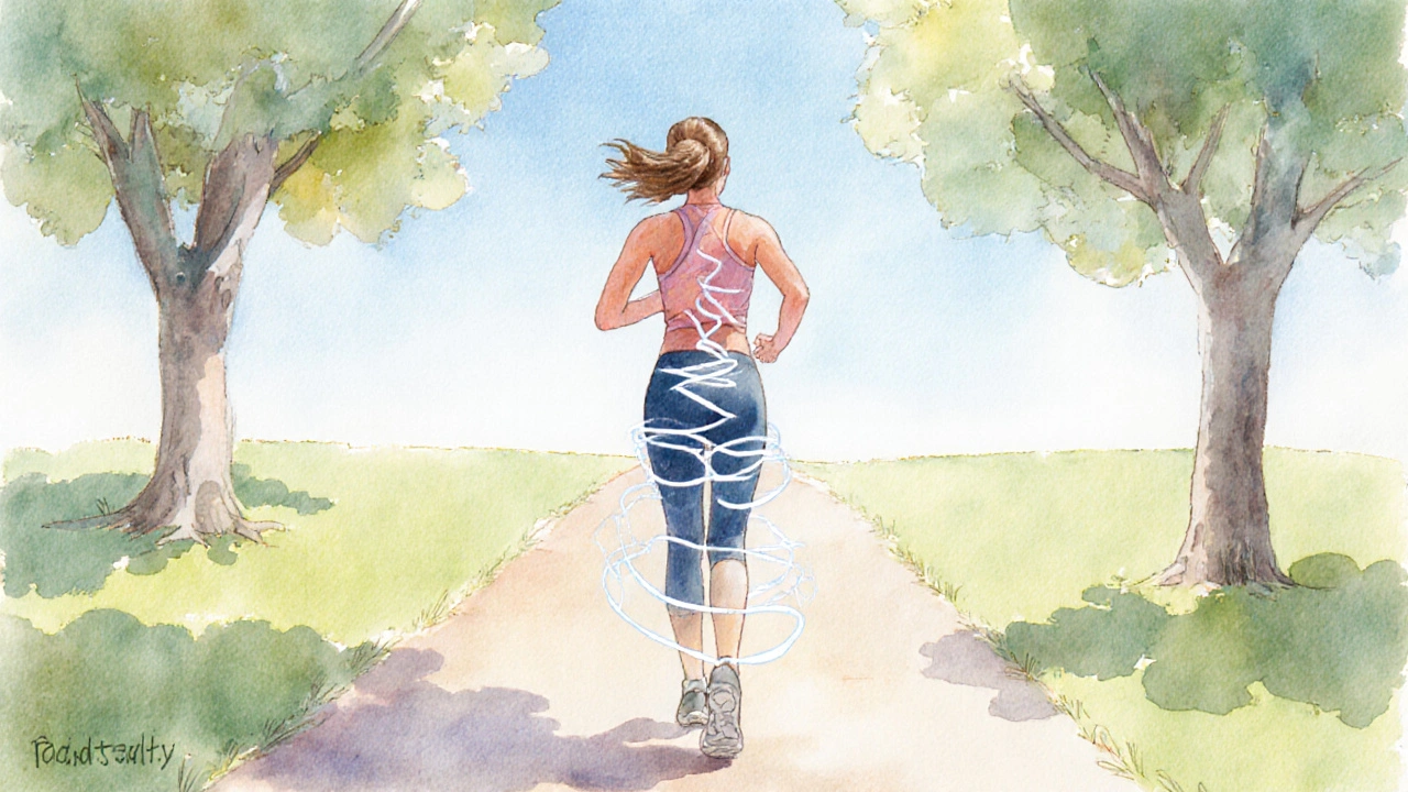 Woman walking in a park after lunch, with subtle lines showing abdominal compression.