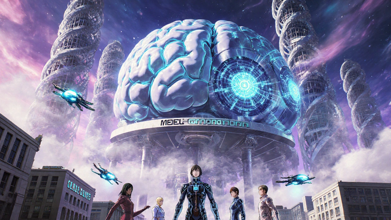 A brain-shaped research hub with genetic towers and pilots linking to an AI, while drones transport patients from diverse communities.