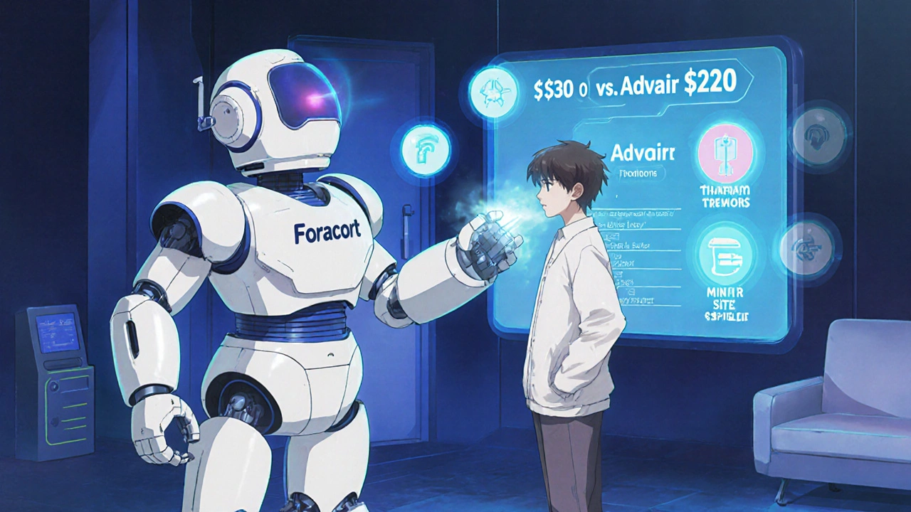A child activates a transforming Foracort robot that delivers precise asthma treatment.