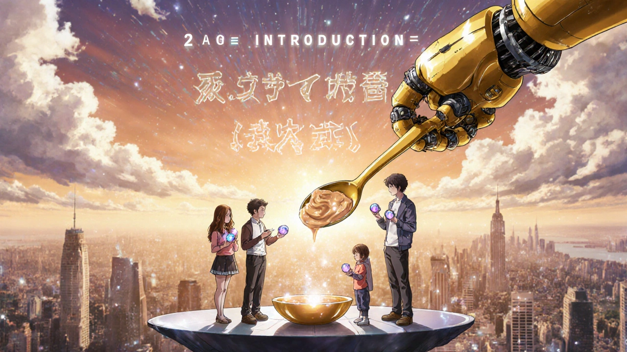 A family receiving a giant robotic spoonful of peanut paste under a glowing sky.