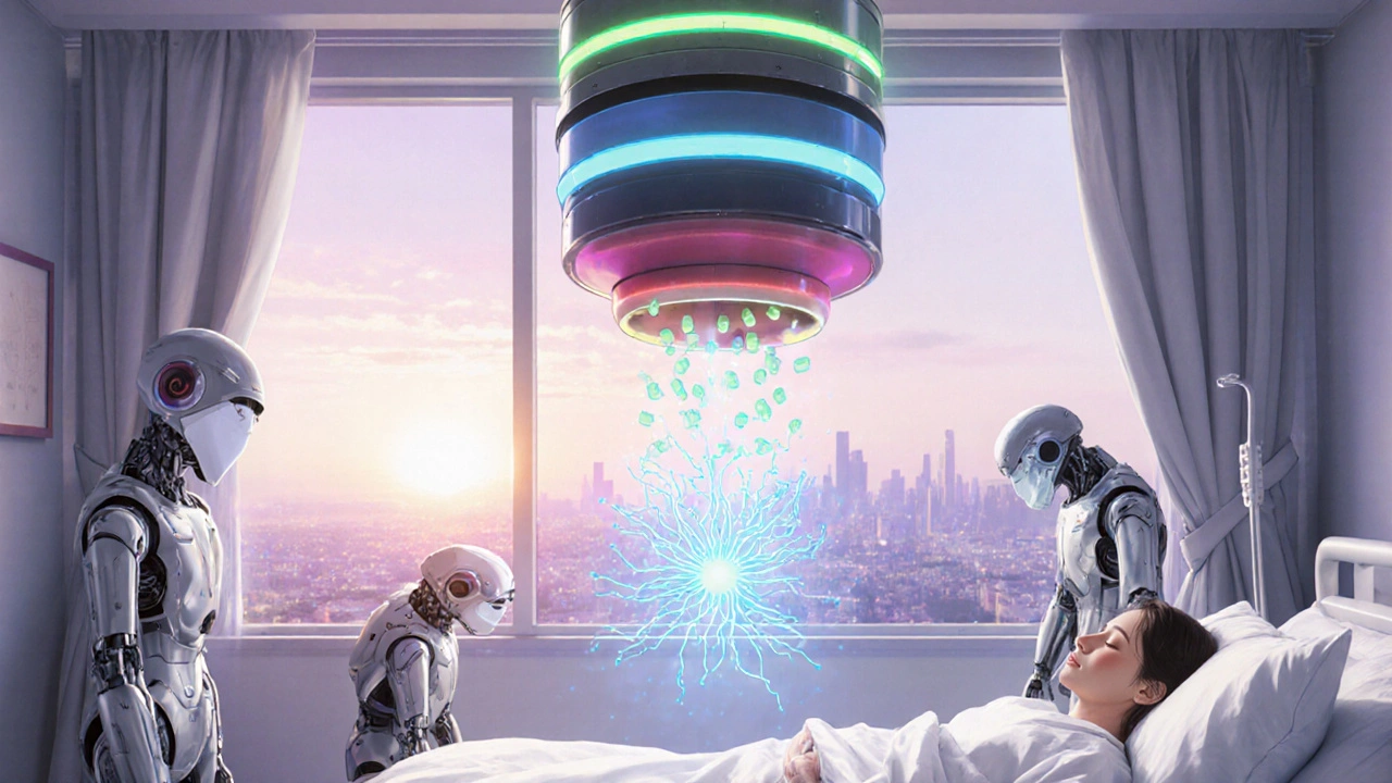 A futuristic multi-layered robotic pill releasing timed doses over a sleeping patient, with sunrise and smaller medication robots in background.