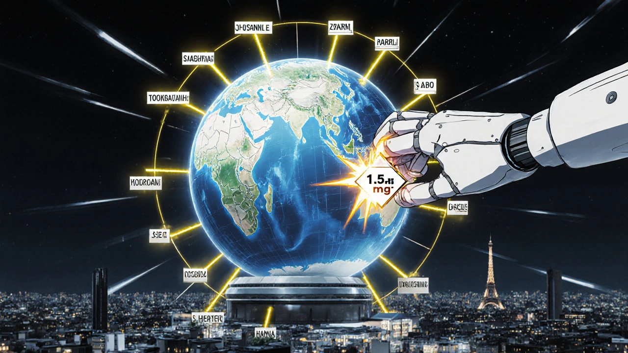 A giant digital globe connects global drug names while a robotic hand corrects a dangerous dosage misinterpretation.